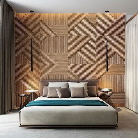 20 Modern And Creative Bedroom Design Featuring Wooden Panel Wall | Home Design And Interior Pelan Rumah, Luxury Bedroom Design, Wooden Wall Panels, Bed Design Modern, Bilik Tidur, Design Hotel, घर की सजावट, Modern Bedroom Design, Lighting Ceiling