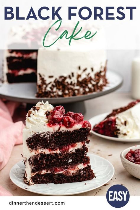 Black Forest Cake is a rich, moist German chocolate cake recipe layered with homemade whipped cream frosting and a tart, rich cherry filling. Quick Black Forest Cake, Homemade Black Forest Cake, Best Black Forest Cake Recipe, Black Forest Cherry Cake Recipe, Gluten Free Black Forest Cake, Moist German Chocolate Cake, Homemade Whipped Cream Frosting, German Black Forest Cake, Black Forest Cherry Cake