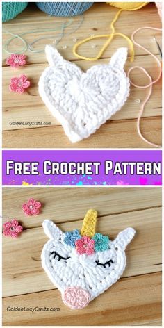 Crochet Heart Shaped Unicorn Applique Free Crochet Pattern Applique Crochet Patterns Free, Applique Crochet Patterns, Heart Shaped Crochet, Crochet Unicorn Pattern Free, Unicorn Applique, Lidia Crochet Tricot, Crochet Unicorn Pattern, Crochet Puff Flower, Beau Crochet