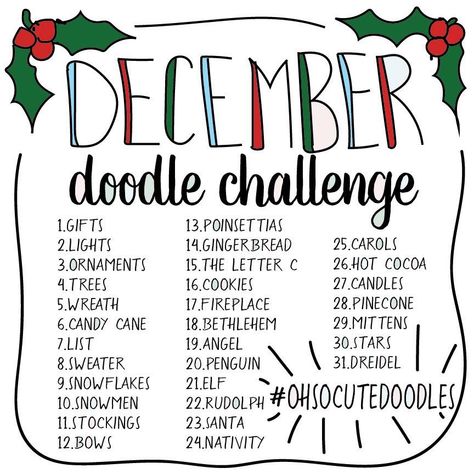 December Doodle Challenge, December Prompts, Full Sketchbook, Doodle Challenge, 30 Day Art Challenge, Art Journal Challenge, December Challenge, Drawing Challenges, 30 Day Drawing Challenge