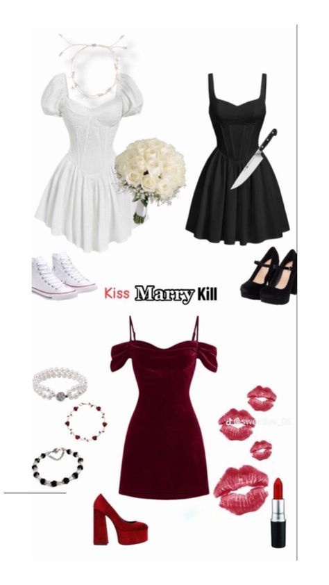 Trio costume ideas Halloween Costume Trio Ideas, Kill Costume Ideas, Matching Trio Outfits, Costume Ideas For Trios, Trio Matching Outfits, Trio Outfit Ideas, Kiss Marry Kill Costume, Trio Costume Ideas, Hollowed Costumes