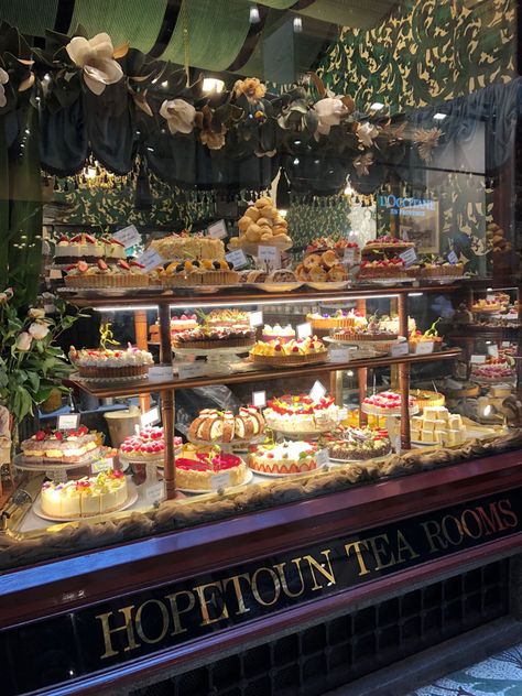 A large variety of cakes in a fancy cake cabinet Hopetoun Tea Rooms, Old Cafe Aesthetic, Bakery Concept, Fancy Bakery, Melbourne Aesthetic, Food Vendor, A Slice Of Cake, Dessert Restaurants, Cosy Cafe