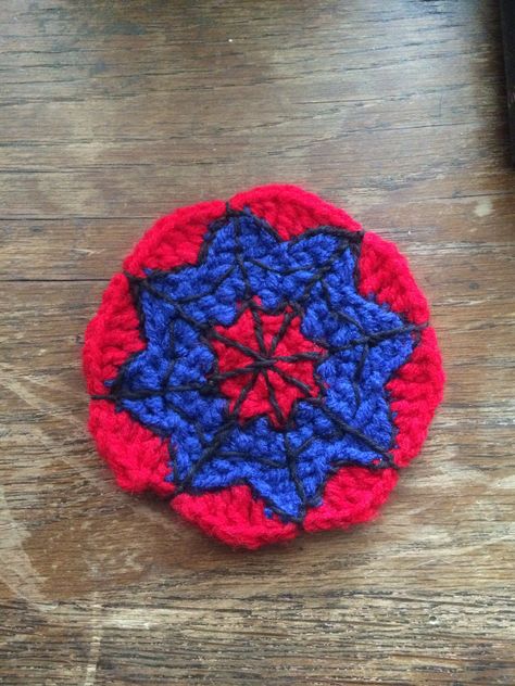 Spider-Man coaster Spiderman Coaster Crochet, Crochet Spiderman Applique, Crochet Eyeball Coaster, Hanging Spider-man Crochet, Crochet Spiderweb Coaster Pattern, Crochet Coaster, Kids Pages, Geek Crafts, Scary Halloween Decorations