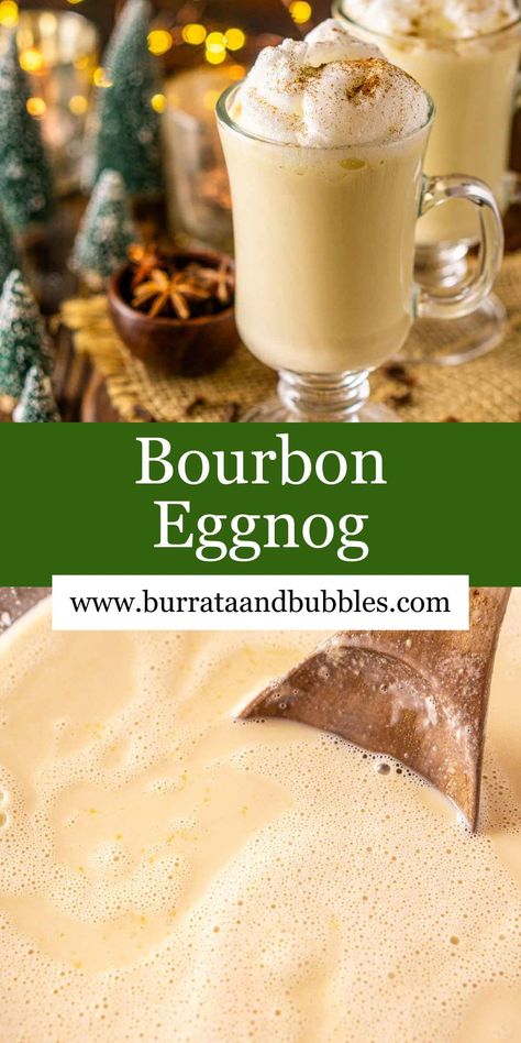 Enjoy the holiday season with a big batch of this spiced bourbon eggnog! A creamy homemade eggnog is steeped with warm spices and spiked with sweet, rich bourbon to make one decadent Christmas cocktail. Bourbon lovers will want to indulge in this eggnog all season long. Bourbon Christmas Tree, Bourbon Eggnog, Best Christmas Cocktails, Bourbon Cocktail Recipe, Bubble Recipe, Cocktail Recipes Whiskey, Bourbon Cocktail, Homemade Eggnog, Holiday Punch