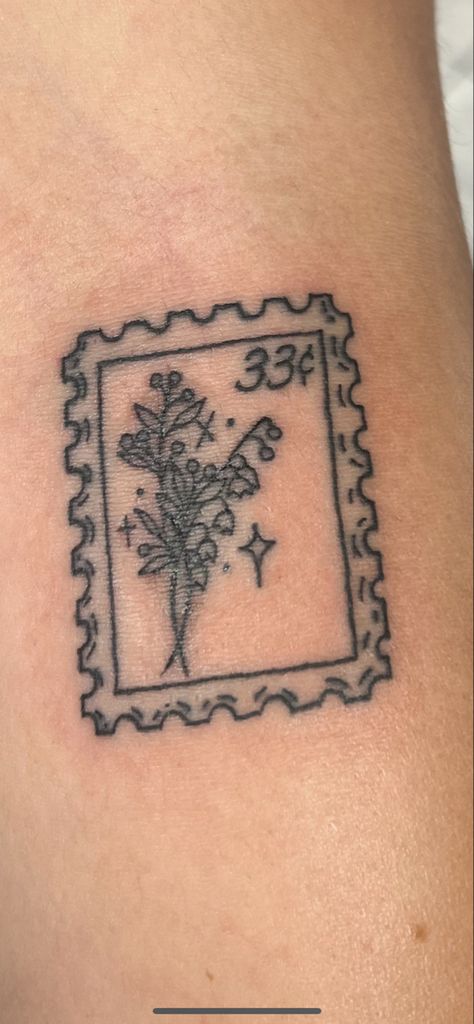 may birth flower stamp tattoo Lily Of The Valley Stamp Tattoo, Post Stamps Tattoo, Birth Flower Stamp Tattoo, Stamp Tattoo Flower, Lilly Of The Valley Tattoo Birth Flower, Post Stamp Tattoo Ideas, Mail Stamp Tattoo, Stamp Tattoo Placement, Post Card Tattoo