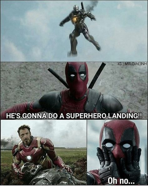 Deadpool Jokes, Avengers Funny Memes, Superhero Landing, Marvel Jesus, Marvel Comics Funny, Deadpool Funny, Helmet Hair, Superhero Memes, Funny Marvel Memes