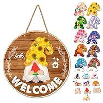 Gnome Welcome Sign, Interchangeable Welcome Sign, Gnome Hats, Summertime Crafts, Holiday Gnomes, Wreath Hangers, Wood Wreath, Door Art, Wooden Welcome Signs