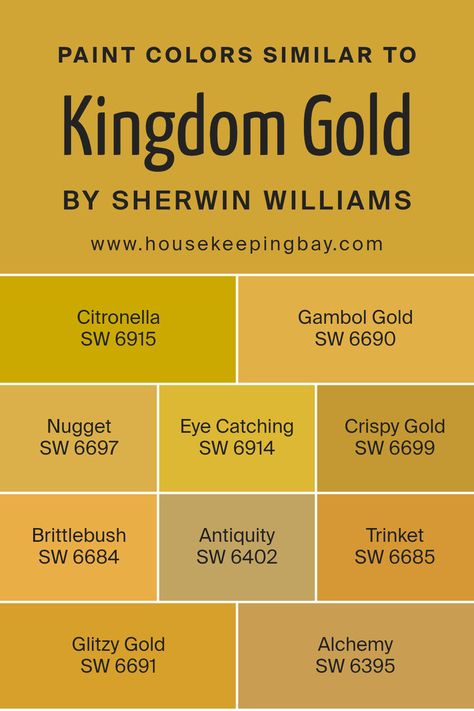 Colors Similar to Kingdom Gold SW 6698 by Sherwin Williams Yellow Sherwin Williams, Gold Paint Colors, Yellow Paint Colors, World Of Interiors, Yellow Painting, Kitchen Colors, Shades Of Yellow, Coordinating Colors, Sherwin Williams