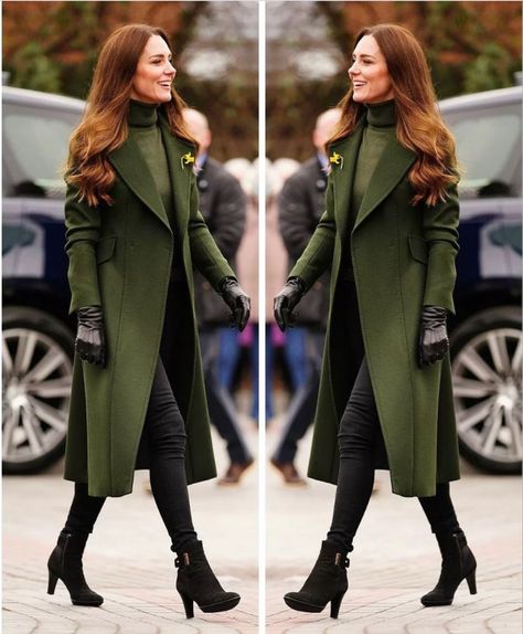 Olive Green Coat Outfit Winter, Green Coat Outfit Winter, Green Trench Coat Outfit, Green Coat Outfit, Outfit Navidad, Wool Coat Outfit, Fall Coat Outfit, Long Green Coat, Olive Coat