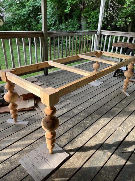 Dining Table With Turned Legs, How To Build A Table Farmhouse, Building Dining Table, 8 Seat Table, Dining Room Table Building Plans, Diy Large Dining Room Table For 12, Diy Large Table Dining, 7ft Dining Table, How To Build A Harvest Table