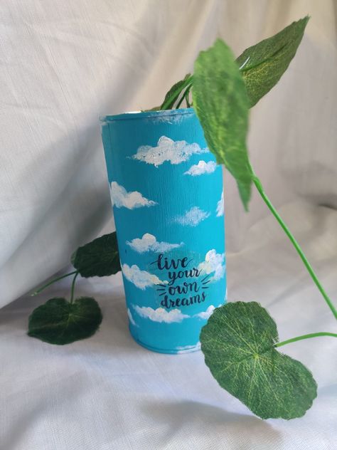 Bottle Painting With Quotes, Tin Painting Ideas, Aesthetic Bottle Painting, Aesthetic Bottle Art, Mini Bottle Painting, Lipin Art, Bottle Quotes, Diy Pottery Painting, Painted Pots Diy