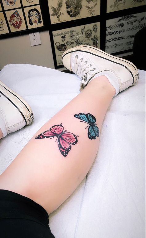 Light Pink Butterfly Tattoo, Pink And Blue Butterfly Tattoo, Butterfly Tattoos Color, Butterfly Tattoo Pink, Color Butterfly Tattoo, Pink Butterfly Tattoo, Arm Tattoos Color, Butterfly Sleeve Tattoo, Blue Flower Tattoos