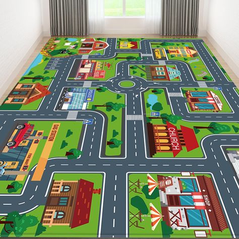 PRICES MAY VARY. PREMIUM QUALITY： Kids carpet is made of premium flannel and high resilience sponge, super soft surface, fine edge sewing, and anti-slip particles at the backing design of the carpet ensuring your kid's safety. CITY MAP PLAY MAT: Our city map rug includes: traffic roads, schools, farms, gas stations, firehouses, hospitals, shops, police, and more buildings. Perfect for kids who love to play with cars, trucks, ambulances, or firetrucks. Now your little boy can have his own city! E Map Rug, Kid Games, Entry Mats, Kids Car, Play Rug, Entryway Mats, Rug Kids, City Road, Gas Stations