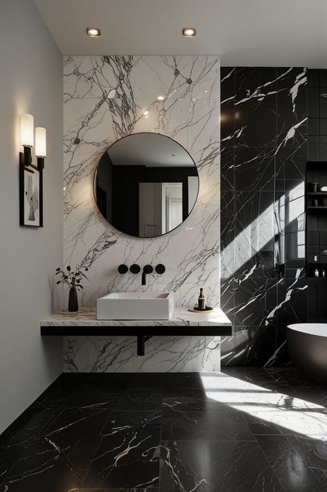 Modern Luxury Bathroom Marble, White Marble Bathroom Ideas, Luxury Black Bathroom, Black And White Marble Bathroom, Marble Bathroom Ideas, Elegant Color Schemes, White Marble Bathroom, Lavish Bathroom, White Bathroom Ideas