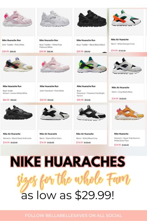 Nike Huaraches sizes for the whole Fam toddler- adult sizes available and tons of styles and color combos....prices as low as $29.99! This post or video contains affiliate links, which means I may receive a commission for purchases made through my links" #onlinedeals #clearance #nike #nikedeals #huarachessneakers #sneakers #nikehuaraches #sneakerslove #huaraches Nike Obsidian, Nike Huarache Women, Huarache Run, Unique Experiences, Youth Culture, Nike Air Huarache, Air Huarache, Nike Huarache, Sport Sneakers