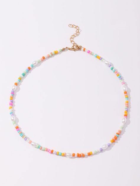 Multicolor Vacation   Glass   Embellished   Jewelry Shein Beaded Necklace, Seed Bead Necklace With Pearl, Beaded Necklace Colorful, Beades Necklaces, Beachy Beaded Jewelry, Cute Beaded Necklaces, Sea Bead Necklace, Summer Beaded Bracelets, Summer Beaded Necklace