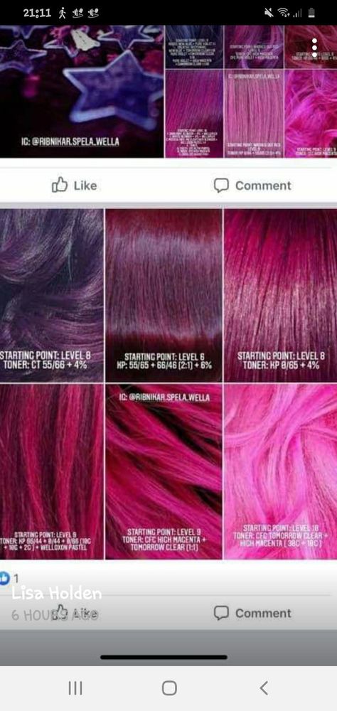 Wella Color Formulas Pink, Wella Purple Hair Formula, Pink Hair Formula, Red Hair Formulas, Wella Formulas, Toner Formulas, Hair Formula, Wella Hair Color, Color Formulas