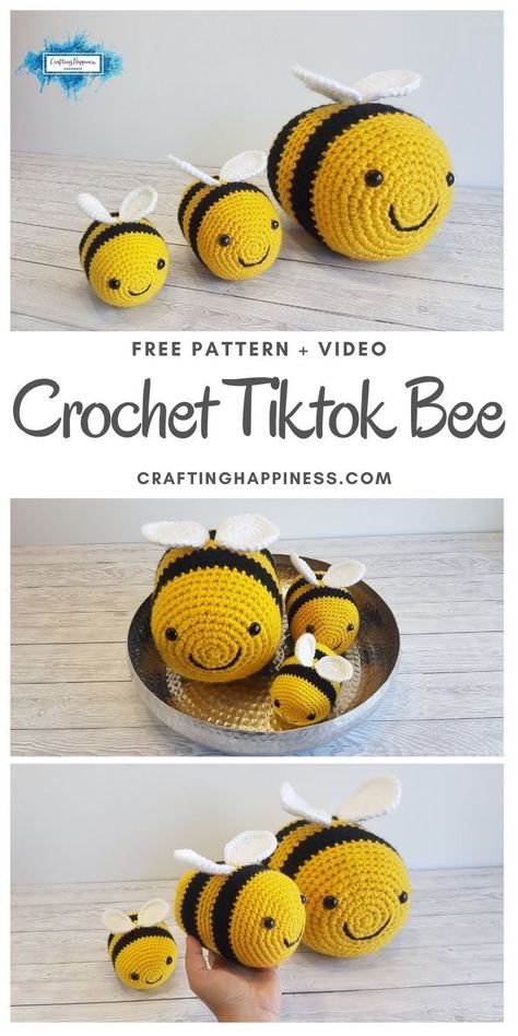 Free crochet pattern for the famous TikTok Bee that you can make. One Pattern - 3 sizes. Crochet tutorial and video from Crafting Happiness. Crochet Bee Mobile Free Pattern, Crochet Bubble Bee Pattern, No Sew Bee Crochet, Small Crochet Bee Pattern Free, Bumblebee Crochet Pattern Free, Crochet Bee Hive Pattern Free, Free Crochet Bee Pattern, Bumble Bee Crochet Pattern Free, Crochet Bee Pattern Free