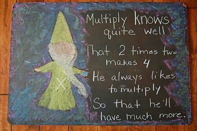 Waldorf ~ 1st grade ~ Math ~ Four Processes ~ Gnome Times Multiply ~ chalkboard drawing Waldorf Math Gnomes, Waldorf Math 1st Grade, Waldorf Math 2nd Grade, Waldorf Student Art Gnomes, Waldorf Measurement Third Grade, Waldorf Math Chalkboard Drawings, Math Gnomes, Waldorf Lessons, Class 1 Maths