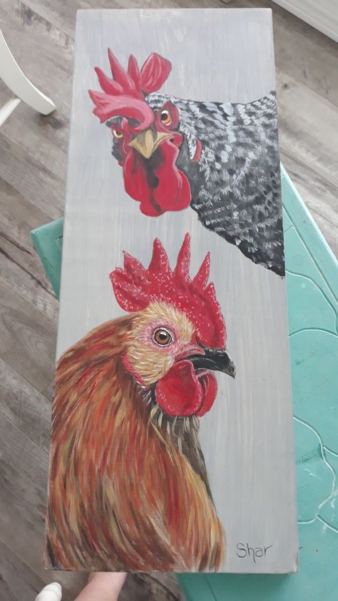 Black And White Chicken Painting, Painted Chickens On Wood, Farm Animal Paintings Acrylic Easy, Chicken Paintings On Canvas, Simple Chicken Painting, How To Paint A Chicken, Christmas Chicken Painting, Rooster Painting Acrylic Easy, Chicken Painting Whimsical