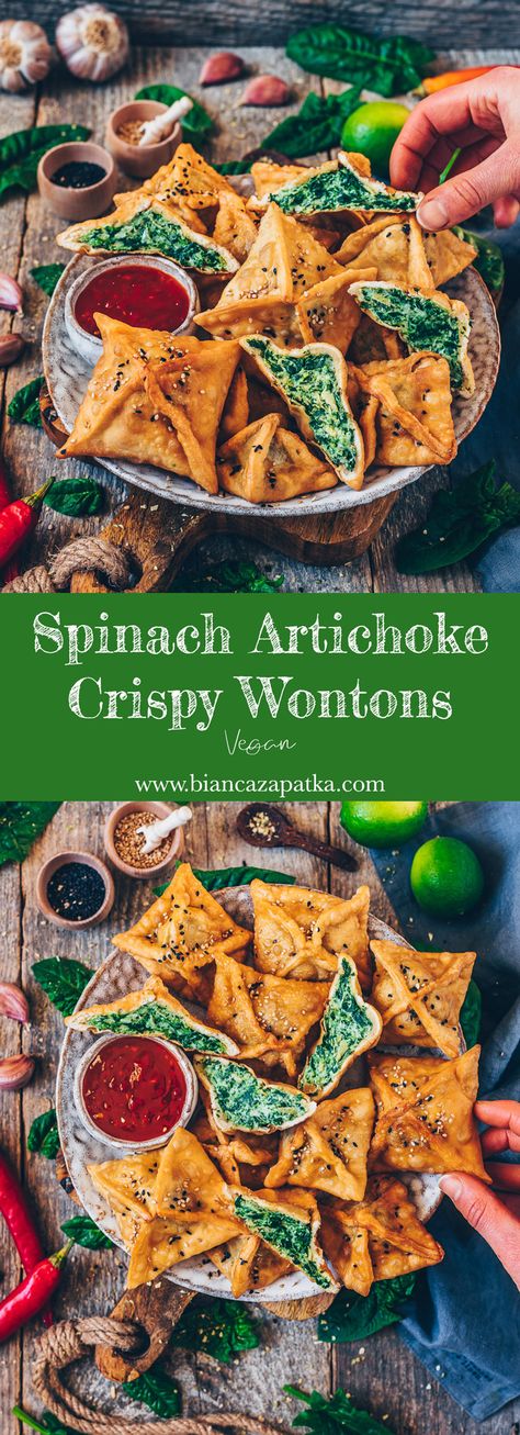 These crispy Spinach Artichoke Wontons make for the perfect snack, appetizer, or lunch! They’re made with Homemade Wonton Wrappers and filled with a creamy & cheesy Spinach Artichoke Dip! This easy Recipe includes step-by-step pictures showing you how to wrap them. Healthy Artichoke Dip, Homemade Wonton Wrappers, Vegan Wontons, Crispy Spinach, Vegetarian Wonton, Cheesy Spinach Artichoke Dip, Wonton Wrapper Recipes, Spinach Healthy, Cheesy Spinach