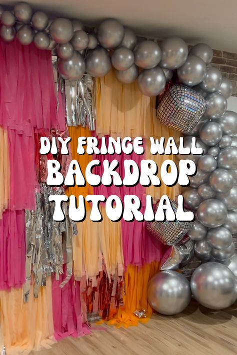 fringe wall, streamer backdrops, party decor ideas, retro disco theme bacherlorette, disco theme, fringe wall diy, diy party decor Fringe Wall Backdrop With Balloons, Disco Theme Backdrop, Fringe Wall Backdrop Diy, Foil Fringe Backdrop Ideas, Diy Disco Party Decorations, Disco Photo Backdrop, Diy Fringe Backdrop, Disco Wall, 70s Prom