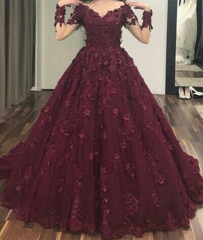 Prom Dress Burgundy, Lace Long Prom Dress, Tulle Applique, Burgundy Evening Dress, V Neck Prom Dresses, Burgundy Prom Dress, Long Sleeve Evening Dresses, Burgundy Lace, Beauty Dress