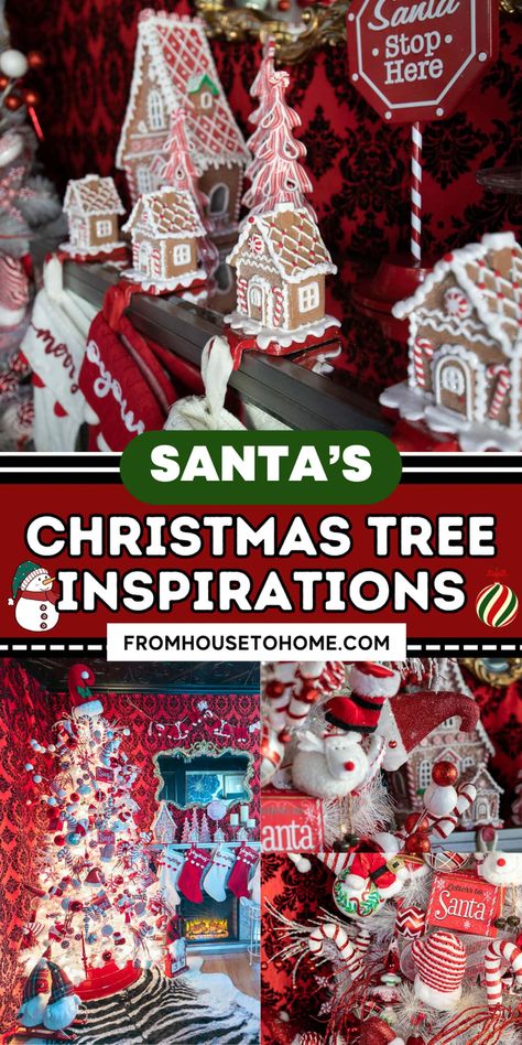 How To Decorate A Fun Santa Christmas Tree | Christmas Decorations Santa Themed Christmas Tree, Santa Hat Tree Topper, Red And White Decorations, Christmas Pictures With Lights, Santa Hat Tree, Tree Topper Ideas, Hat Tree, Glam Christmas Decor, Themed Christmas Tree