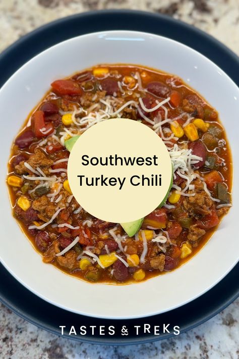 Get ready to savor a bowl of warmth with this Southwestern Turkey Chili—a lighter, flavorful twist on the classic chili. Made with lean ground turkey, smoky fire-roasted tomatoes, and sweet corn, it’s perfect for cozy nights when you’re craving comfort with a bit of a twist. Southwest Chilli, Southwest Chili Recipe, Southwest Chili, Classic Chili, Turkey Chili, Fire Roasted Tomatoes, Red Chili Powder, Monterey Jack Cheese, Fire Roasted