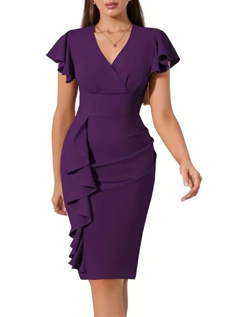 Ruffle Hem Bodycon Dress Elegant V Neck Flutter Sleeve Dress Womens Clothing | Today's Best Daily Deals | Temu Short Sleeve Cocktail Dress, Midi Dress Outfit, 파티 드레스, Womens Cocktail Dresses, Bodycon Fashion, Flutter Sleeve Dress, Vestido Casual, Neck Ruffle, Ruffle Sleeves