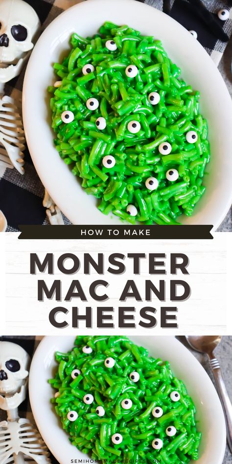 Monster Mac and Cheese - a semi homemade, fun and savory Halloween recipe using macaroni and cheese, green food coloring and candy eyes! This Monster Mac and cheese is the perfect Halloween lunch or Halloween dinner! Toxic Mac And Cheese Halloween, Food To Bring To A Halloween Party, Boo Day Party Food, Halloween Food For Work, Halloween Treats For Kids Healthy, Halloween Decorated Food, Toddler Friendly Halloween Treats, Beetle Juice Snack Ideas, Cute Halloween Party Ideas Decorations