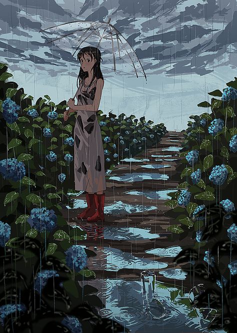 Raining Anime Aesthetic, Rainy Day Drawing, Rain Illustration, Girl In Rain, Rainy Sky, Drawing Scenery, Rainy Day Aesthetic, Rain Wallpapers, Study Aesthetic