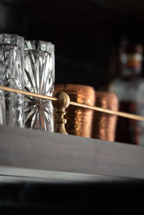 Bar Area In Kitchen Modern, Antique Wet Bar, Brass And Glass Bar Shelves, Antique Glass Bar Backsplash, Bar Area Lighting, Vintage Bar At Home, Wet Bar With Shelves, Antique Glass Tile Backsplash, Mirrored Back Bar