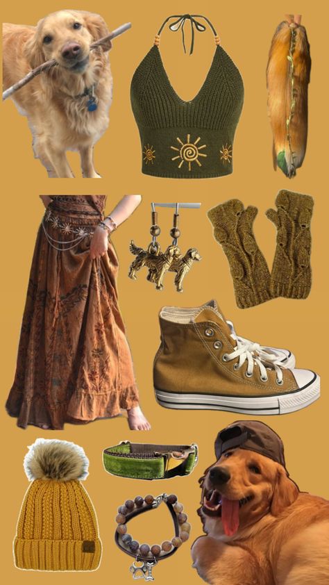 this is the outfit id give to a golden retriever therian (like me!!) #golden #retriever #goldenretriever #therian #alterhuman #yellow #outfit #goldenoutfit #goldenretrieveroutfit #collage #dog #dogtherian #green #theriothrope #theriotype #aesthetic Golden Retriever Therian, Golden Retriever Outfit, Dog Therian, Golden Outfit, Therian Stuff, A Golden Retriever, Yellow Outfit, The Outfit, Golden Retriever