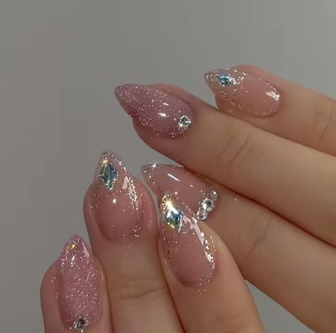 Almond Nails With Gems Rhinestones, Bling Almond Nails, Cherry Sweets, Gemstone Nail Art, Almond Shaped Nails Designs, Short Almond Nails, Classy Nail Designs, Korean Nails, Almond Shape Nails