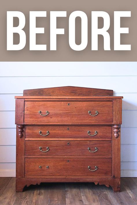 Antique Dresser Makeover Restored Antique Dresser, Antique Bedroom Dresser, Painted Dresser Wood Top, Diy Antique Dresser Makeover, Painted Highboy Dresser, Painted Dressers Ideas, Maple Dresser Makeover, Antique Dresser Hardware, Oak Dresser Makeover