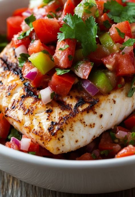 Dive into this mouthwatering Zesty Grilled Halibut, perfectly charred and topped with a fresh, vibrant salsa. The combination of grilled fish and zesty flavors creates a dish that's not only healthy but incredibly delicious. Whether you're hosting a summer barbecue or just looking to spice up your weeknight dinner, this recipe is sure to impress! Enjoy with a side of your favorite veggies or a light salad for a complete meal. Salsa For Fish Recipes, Coconut Lime Fish With Avocado Salsa, Whole 30 Fish Recipes, Fish And Veggie Recipes, Vegetable Salsa, Grilled Halibut Recipes, Halibut Recipe, Homemade Banana Pudding Recipe, Grilled Halibut