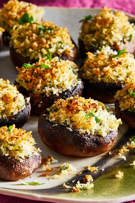 Stuffed Mushrooms With Panko and Pecorino Baked Mushrooms Oven Stuffed, Stuffed Mushrooms With Bread Crumbs, Baked Stuffed Mushrooms Oven, Stuffed Mushrooms Recipes, Nytimes Cooking, Baked Stuffed Mushrooms, Vegetarian Christmas Recipes, Mushrooms Recipes, Cooking Vegetarian