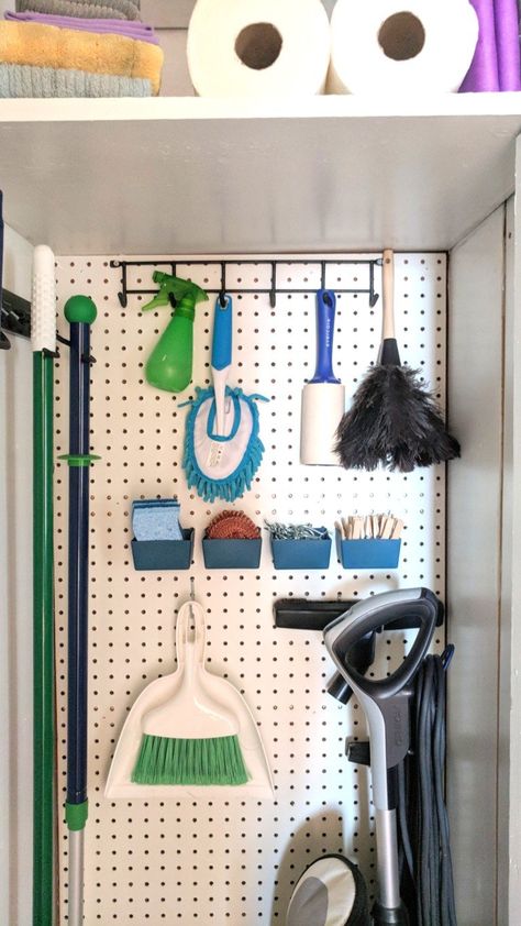 Pegboard Organization Cleaning Supplies, Utility Room Pegboard, Pegboard Pantry Organization, Peg Board Laundry Room Organization, Kitchen Broom Storage, Pegboard Closet, Cleaning Cupboard, Cleaning Closet Organization, Utility Cupboard