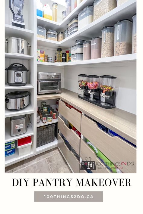 Pantry With Shelf For Appliances, Diy Pantry Shelves How To Build, Small Appliance Storage Pantry, Diy Pantry Makeover, Diy Pantry Shelves, Pantry Redo, Pantry Renovation, Clutter Free Kitchen, Pantry Drawers