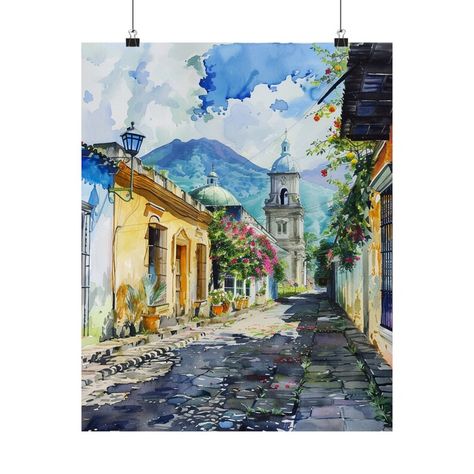 Guatemala Painting, Antigua Streetscape Art Print, Colonial Central America Watercolor Print, Guatemala Travel Poster, Travel Gift Guatemala Art, Guatemala Drawings, Guatemala Art Painting, Guatemalan Paintings, Guatemala Pictures, Guatemala Travel, Central America, Guatemala, Travel Gifts