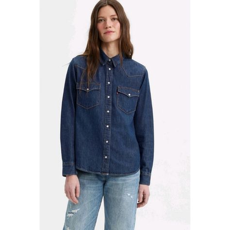 Nwt Button Down Pearl Snap Buttons Pointed Pocket Flaps Standard Fit Color: Smokin Hot Size Xs Denim Shirt Outfit Women, Jean Shirt Outfits, Denim Shirt Outfit, Levis Outfit, Western Denim Shirt, Levis Women, Floral Denim, Loose Jeans, Jeans Bootcut