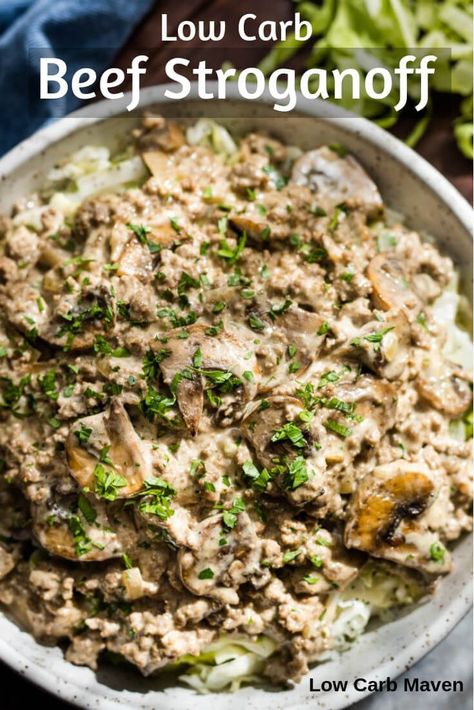 Try this easy low carb ground beef stroganoff with cream cheese and mushrooms on cabbage noodles. #beef #stroganoff #recipe #easy #groundbeef #lowcarb #keto Low Carb Beef Stroganoff, Ground Beef Mushrooms, Keto Noodles, Cabbage And Noodles, Mushrooms And Onions, Low Carb Maven, Ground Beef Stroganoff, Keto Beef Recipes, Sour Cream Sauce