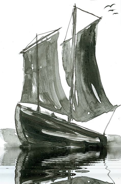 Sailing ship. India ink. Painted by JR Iglesias Painting With India Ink, Indian Ink Painting, India Ink Art Ideas, India Ink Art, India Ink Painting, Drawing Fundamentals, Ideas Watercolor, Urban Sketches, Card Board