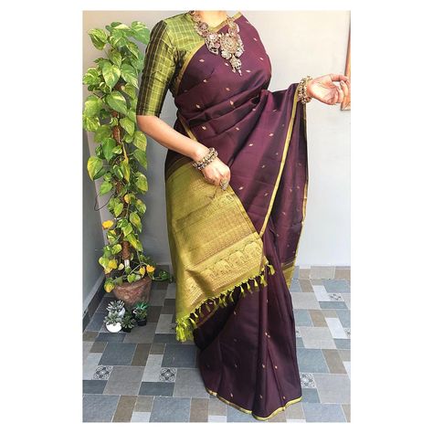 Silkyway Boutique on Instagram: “Dark brown Kanchivaram silk featuring leafy bhuttas contrasted by leaf green pallu and blouse. Please send us a DM or WhatsApp us on…” Brown Silk Saree Contrast Blouse, Brown Pattu Saree, Dark Brown Saree, Silk Saree Contrast Blouse, Brown Silk Saree, Saree Contrast Blouse, Brown Saree, Pattu Saree Blouse Designs, Traditional Silk Saree