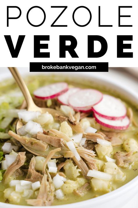 Tangy tomatillos, green chiles, and cilantro are featured in the broth of this vegan green pozole (pozole verde). Each bite is filled with tender hominy and shredded jackfruit, making it a healthy and delicious Mexican stew! With quite a colorful past, this dish has now evolved into a household staple. Try making your very own plant-based and gluten-free version today! #pozoleverde #pozole #veganmexican Vegan Pozole, Green Pozole, Tomatillo Plant, Pozole Verde, Vegan Breakfast Casserole, Mexican Stew, Soups Stews Chilis, Vegan Fish, Green Chiles