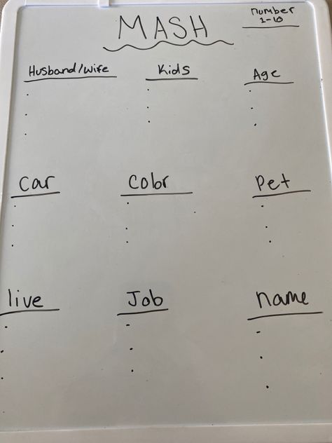 This is the game at mash and here’s how you play. First your name three people he would like to marry then list how many kids you would like (3) then you would decide what ages you would want to get married at then decide what kind of car you would like and what color it would be. Next you will decide three pets that you would like in the future. Then for some extra spice you can decide where you live, what kind of job you want, and what names you want for your children. Hope you enjoy this game How Many Kids, Your Name, Got Married, How Many, Getting Married, The Game, The Future, Color