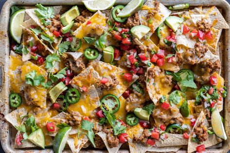 Sheet Pan Nachos (With Ground Beef) Nachos With Ground Beef, Sheet Pan Nachos, Pan Nachos, Seasoned Ground Beef, Jarred Salsa, Meat Pasta, Recipe Sheets, Party Food Platters, Jello Recipes