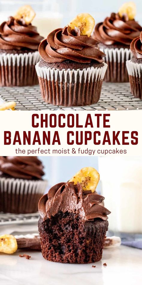 These double chocolate banana cupcakes are incredibly moist and fudgy. The banana gives these the perfect texture and adds a delicious hint of banana bread to the flavor. Not as sweet as your typical chocolate cupcakes, but even more delicious #chocolatecupcakes #doublechocolatecupcakes #bananachocolate #bananachocolatecupcakes #recipe from Just So Tasty https://www.justsotasty.com/double-chocolate-banana-cupcakes/ Banana Cupcake Recipe Moist, Banana Cupcake Recipe, Chocolate Banana Cupcakes, Frosting For Chocolate Cupcakes, Low Carb Chicken Parmesan, Icing Recipes, Banana Cupcakes, Cupcake Recipes Chocolate, Cake Chocolat