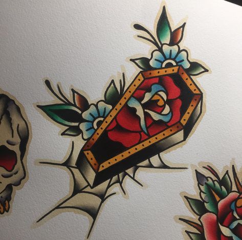 Traditional Coffin Tattoo, Traditional Tattoo Coffin, Coffin Tattoos, Coffin Tattoo, Body Mods, Traditional Tattoo, Tatting, Old School, Enamel Pins